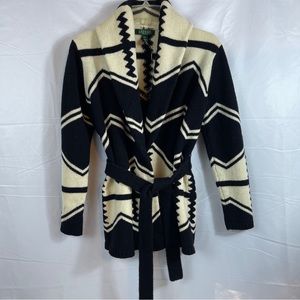 Ralph Lauren Cardigan Wrap Sweater Belted Aztec 100% Lambswool
